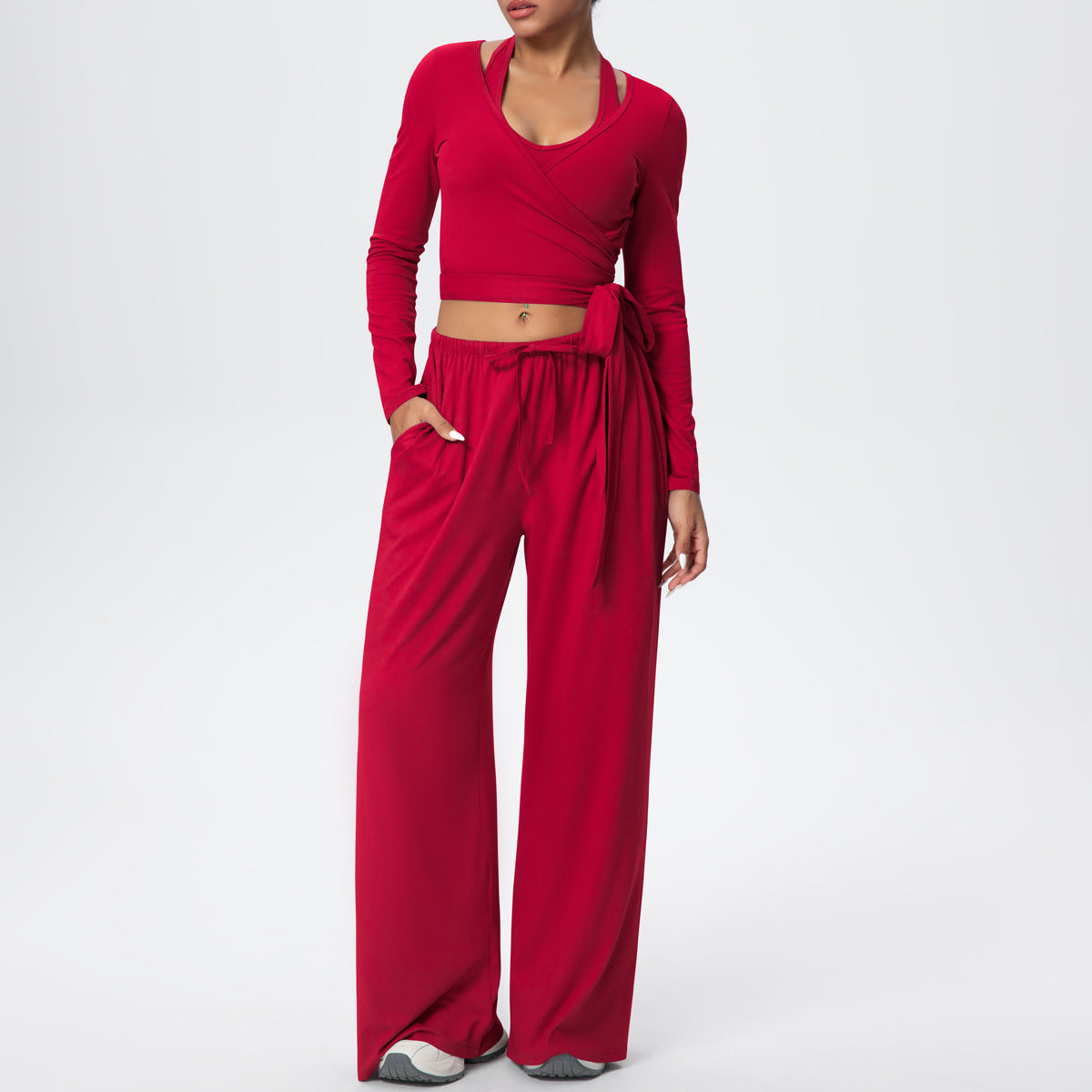 New solid color drawstring long-sleeved bras three-piece set