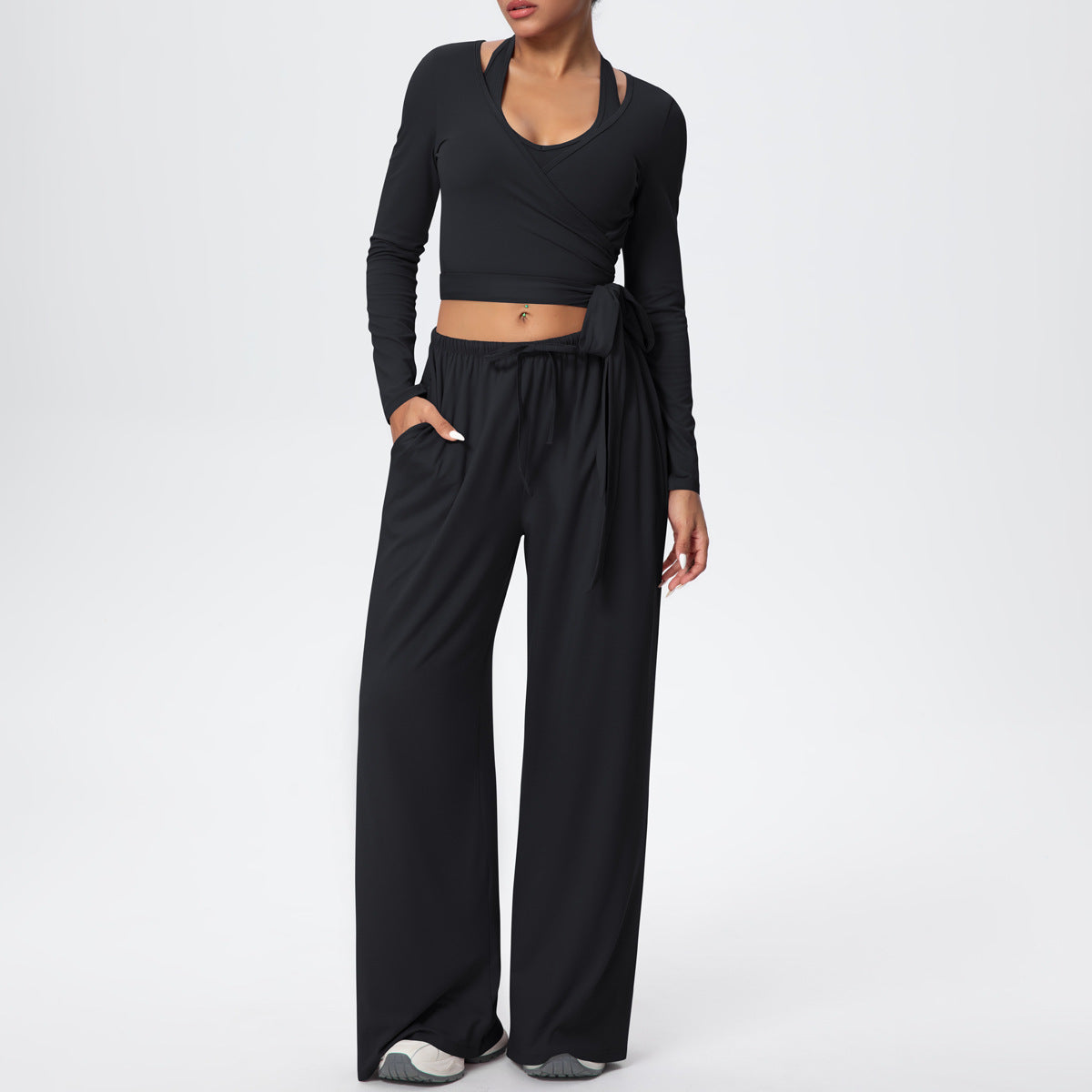 New solid color drawstring long-sleeved bras three-piece set