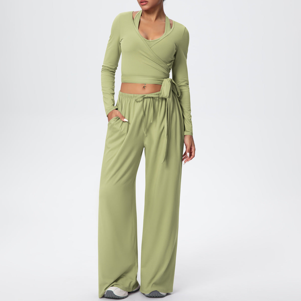 New solid color drawstring long-sleeved bras three-piece set
