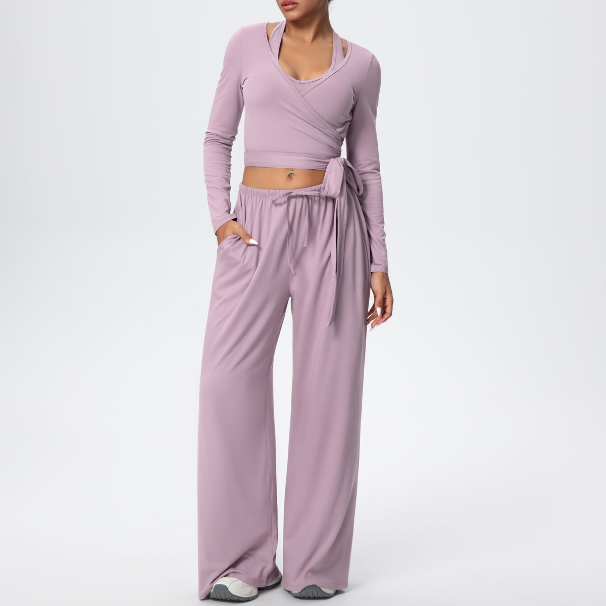 New solid color drawstring long-sleeved bras three-piece set