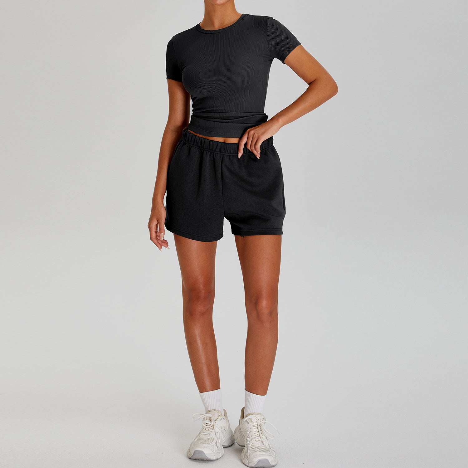 Quick-drying round neck ribbed T-shirt fitness running suit