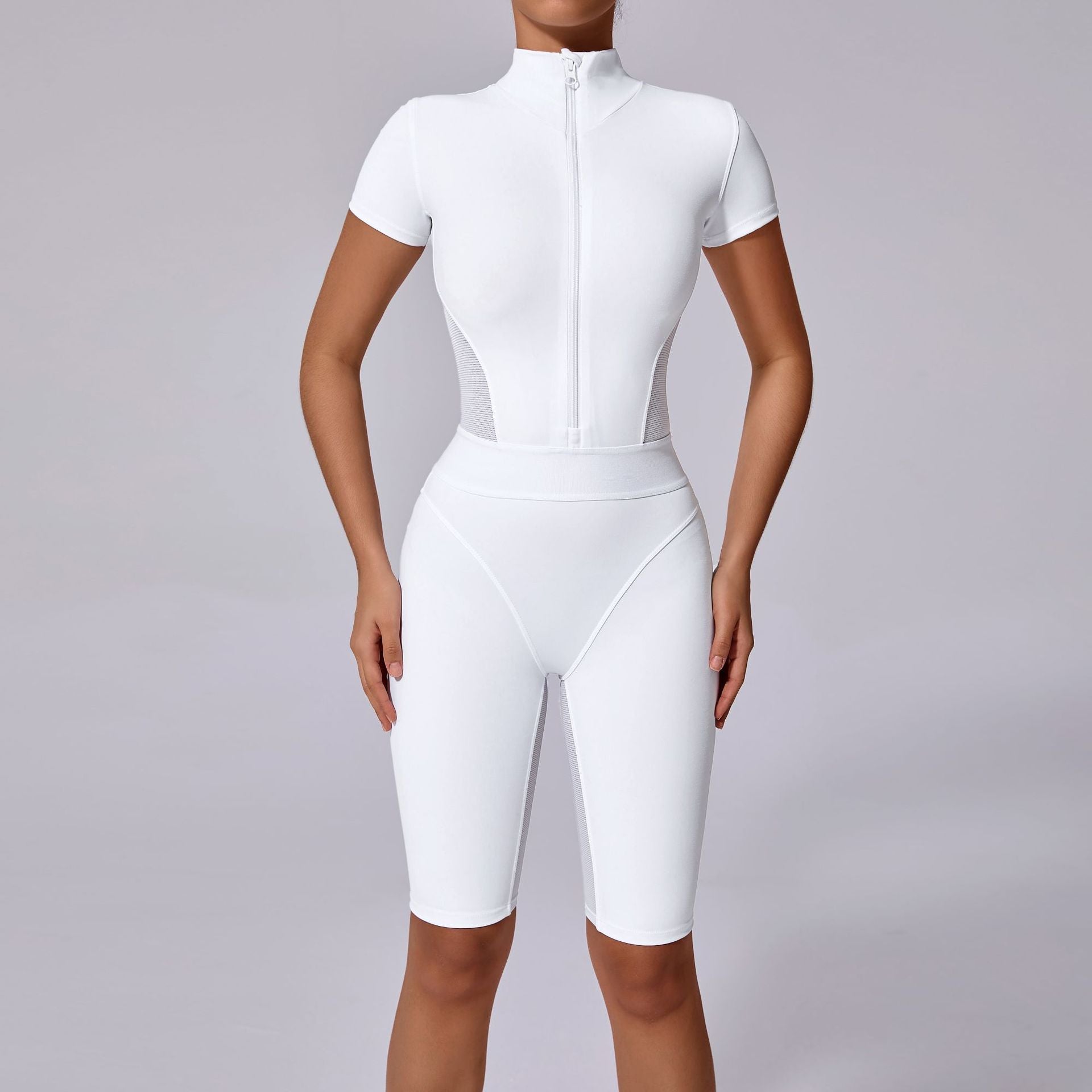 Women's Open collar zipper short sleeve yoga jumpsuit