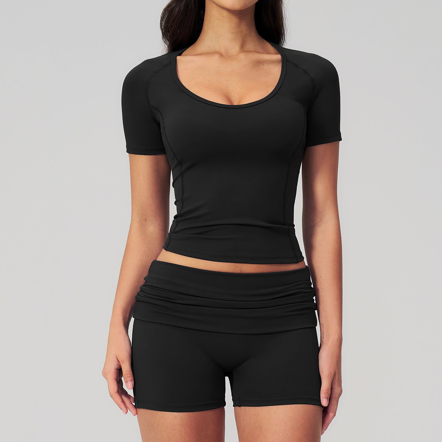 U-neck fitted short-sleeve yoga set with high-waisted quick-dry and stretchy shorts