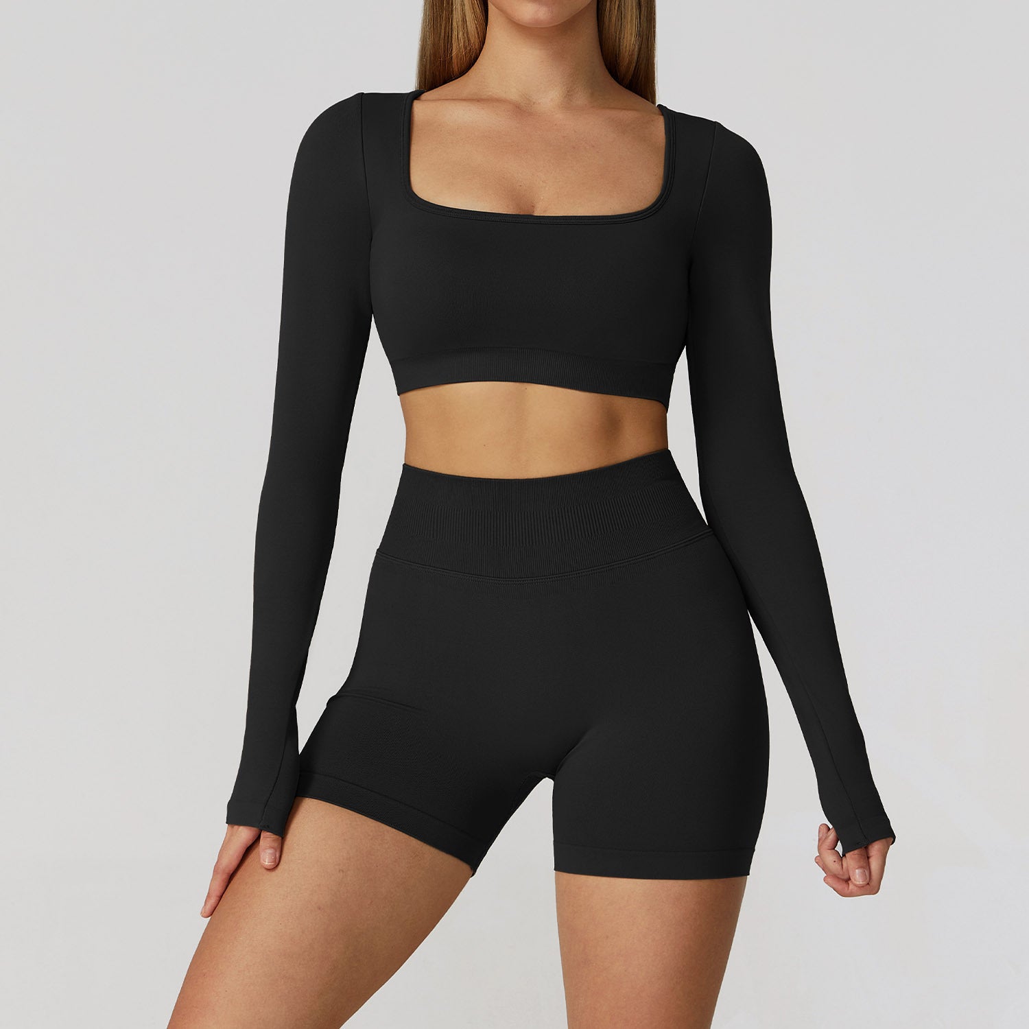 Women's seamless long sleeve shirts with shorts set