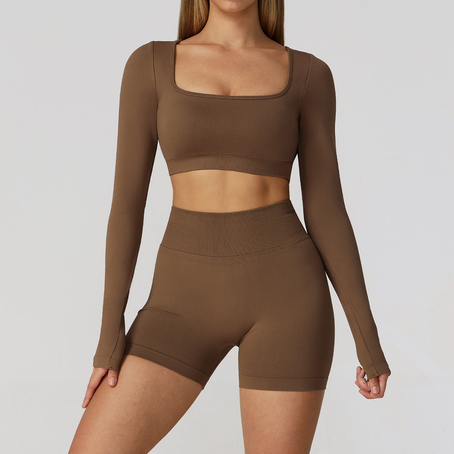 Women's seamless long sleeve shirts with shorts set