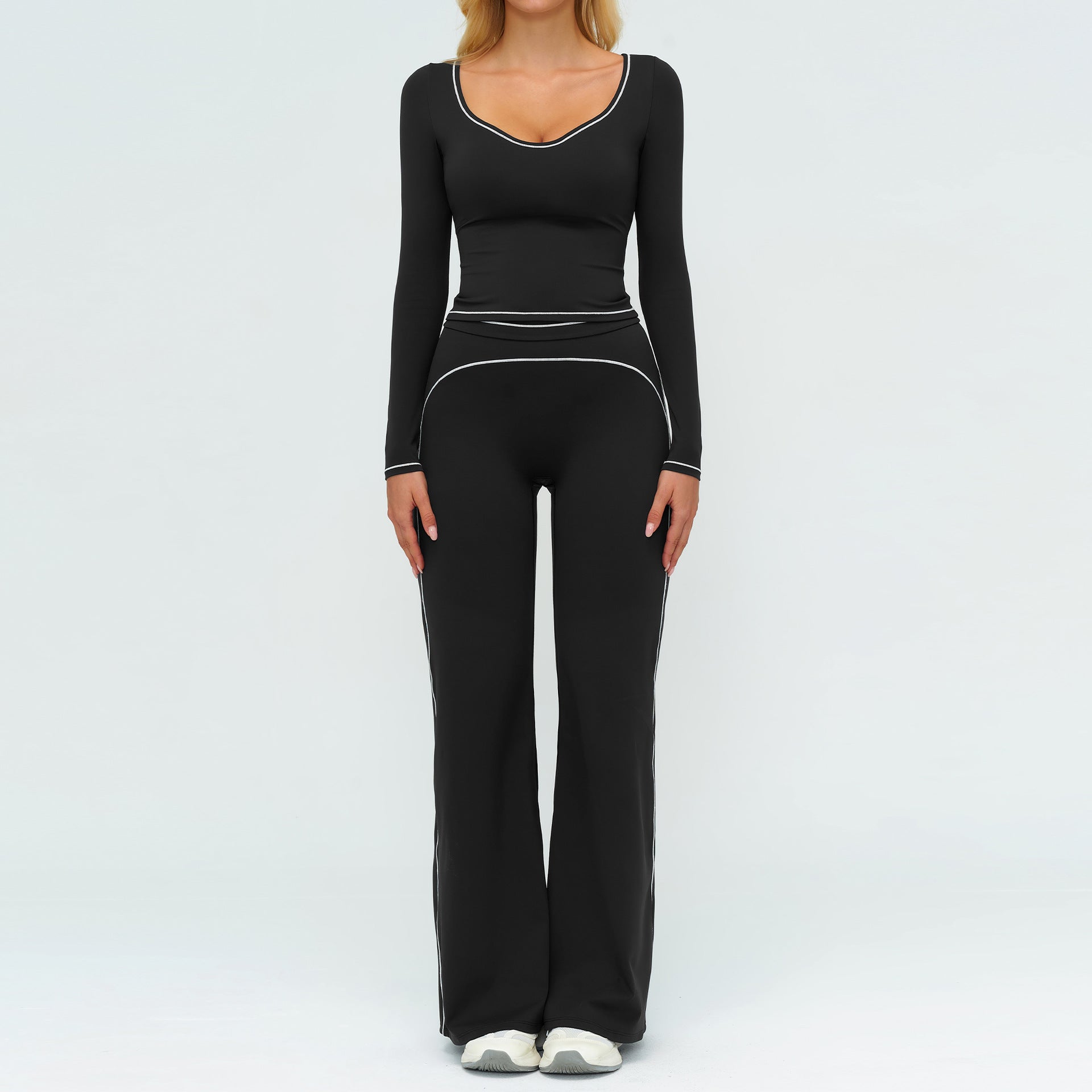 Women's Contrasting Color Brushed Yoga Long sleeve tops with pants Suit