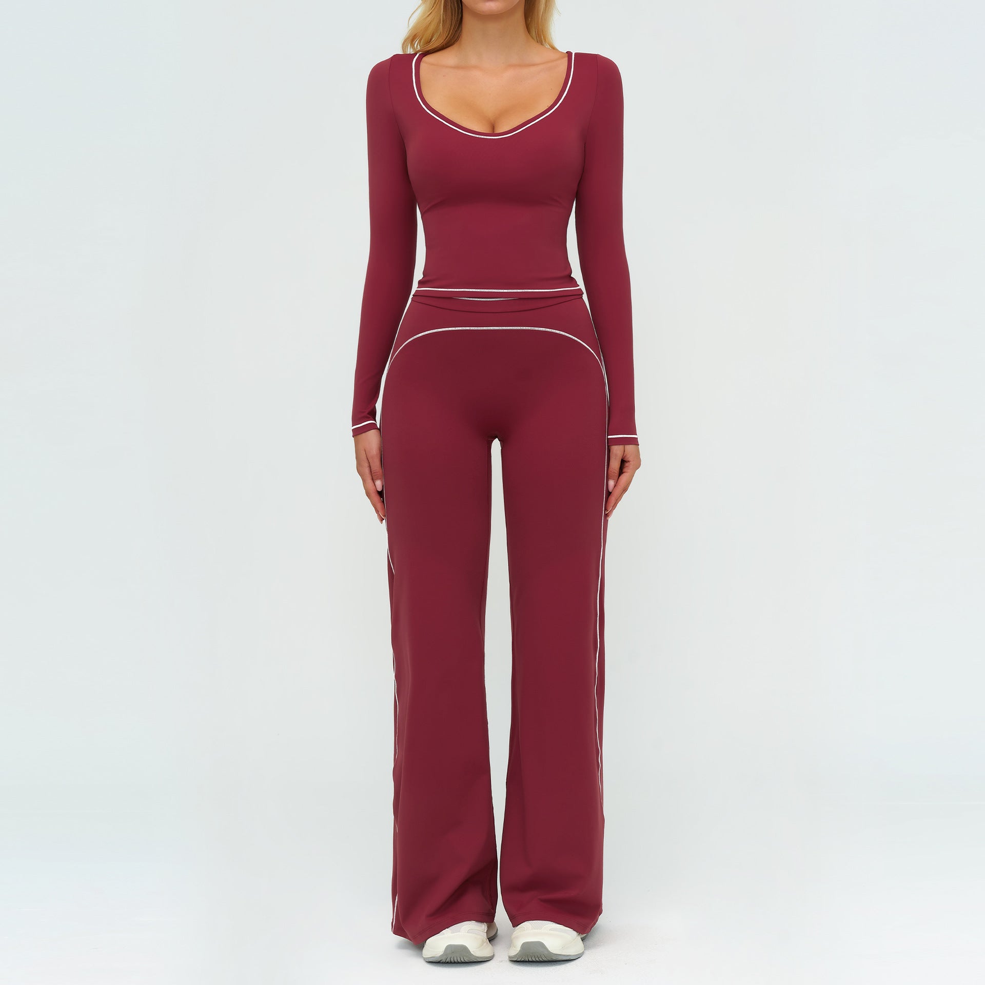 Women's Contrasting Color Brushed Yoga Long sleeve tops with pants Suit