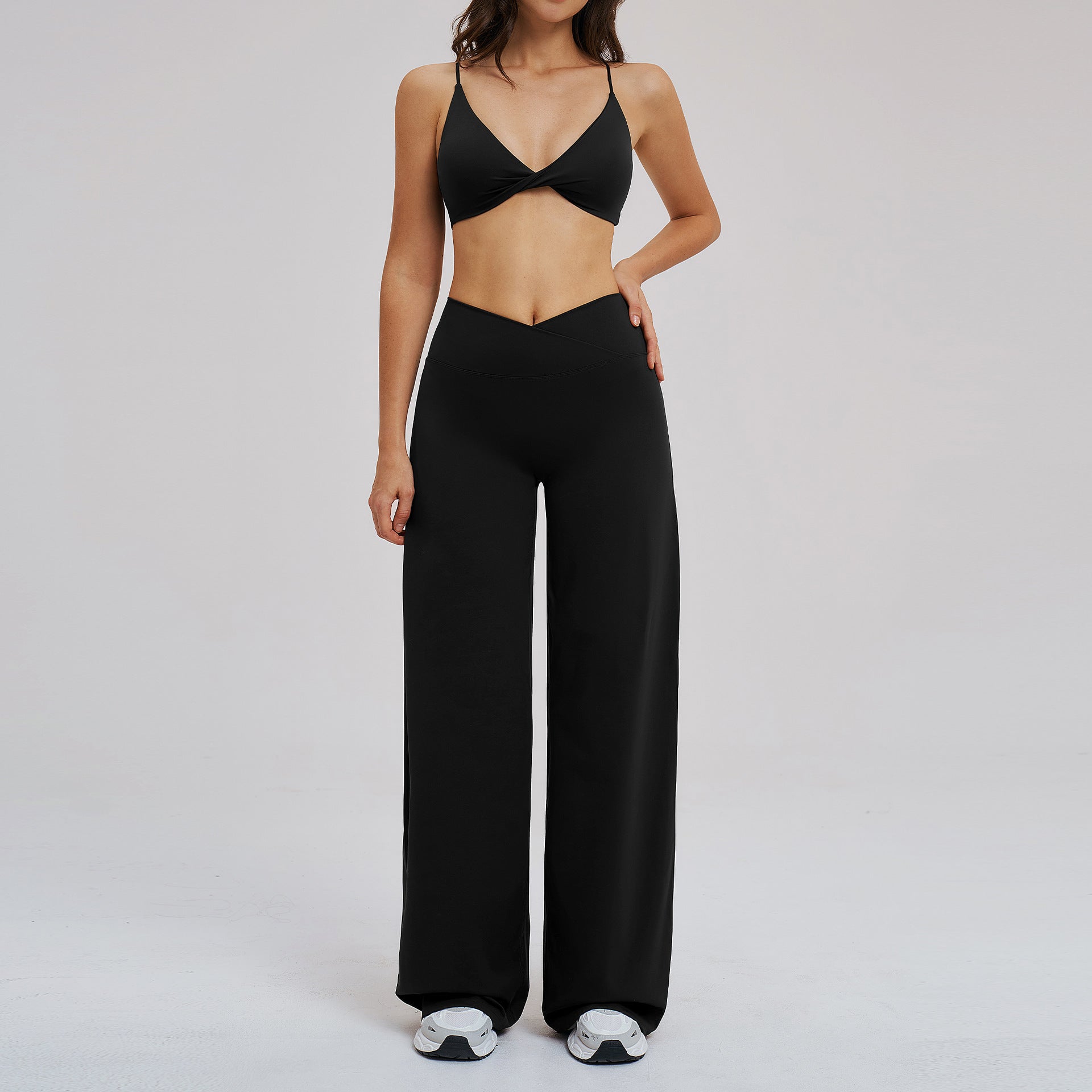 Cross-waist sports bras with wide-leg fitness set