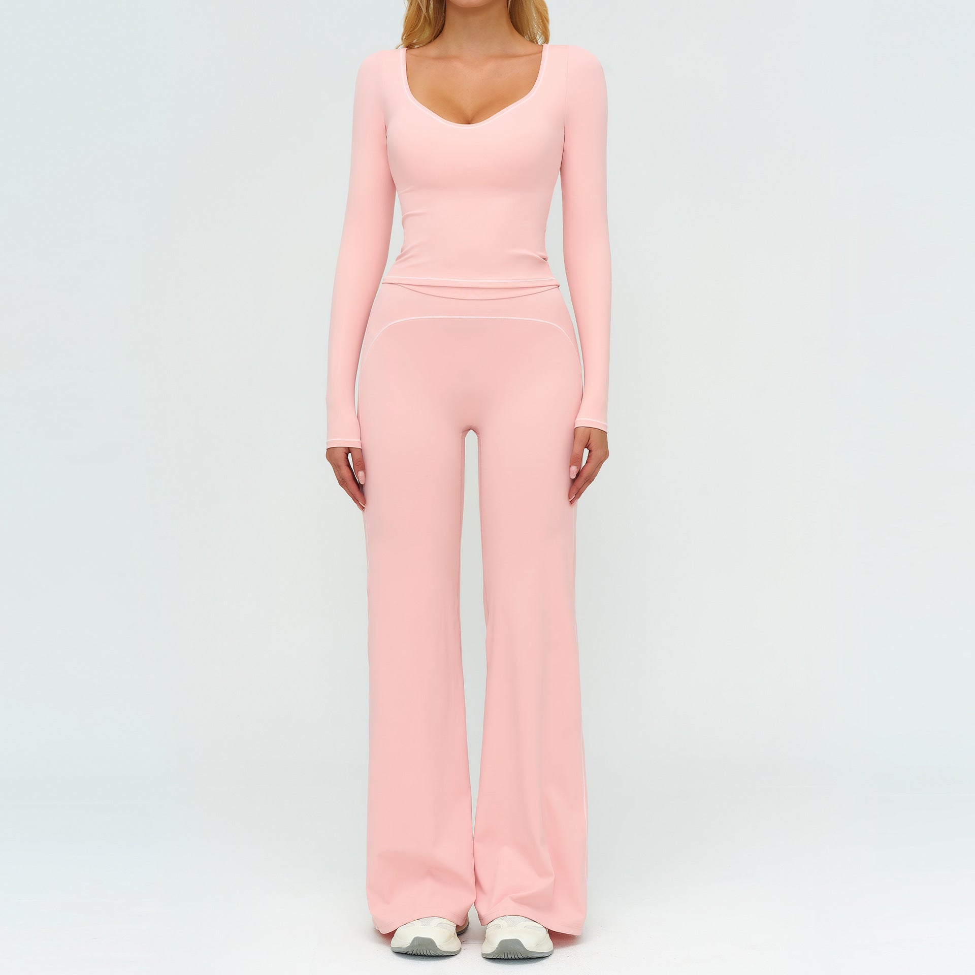 Women's Contrasting Color Brushed Yoga Long sleeve tops with pants Suit