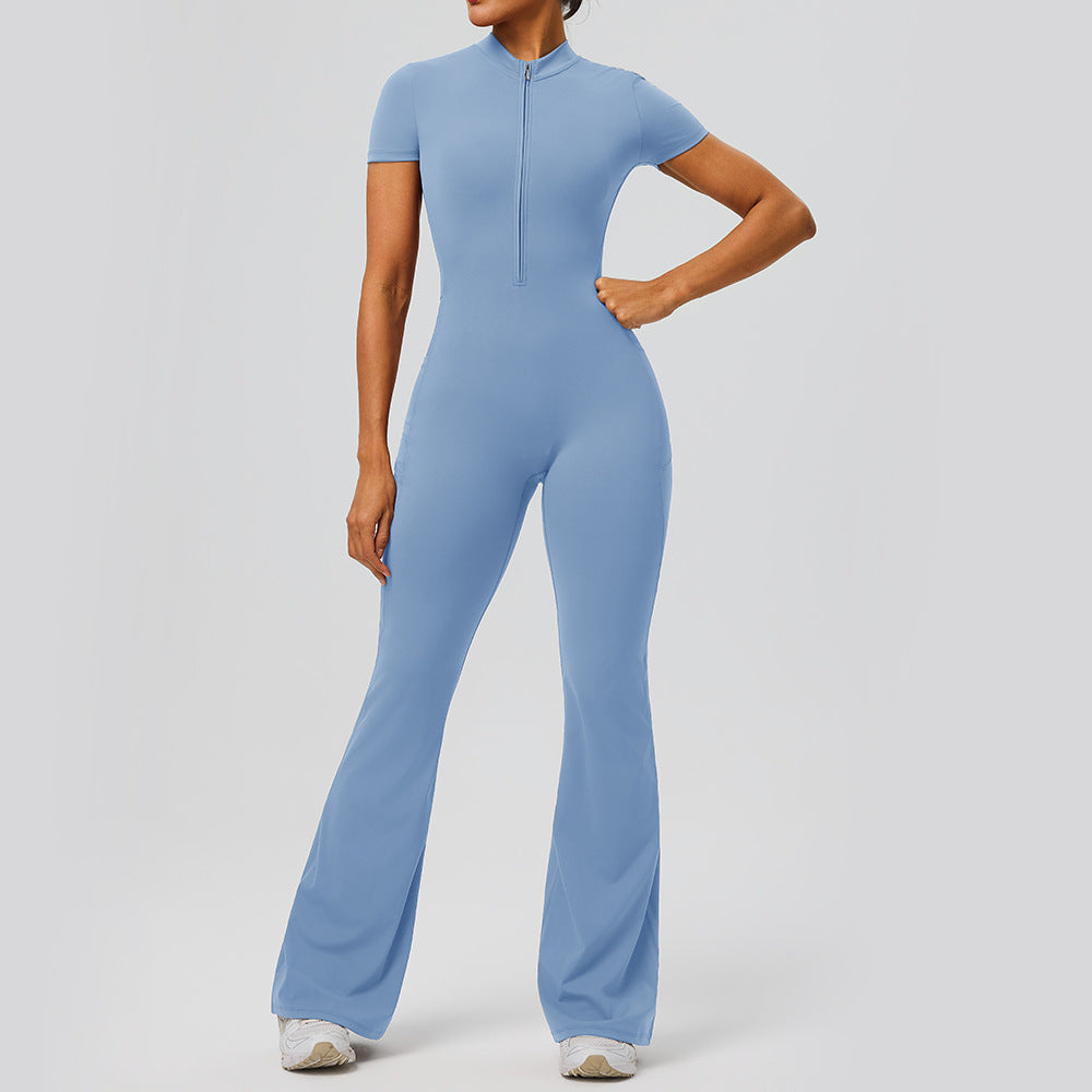 Short-Sleeve Butt-Lifting Athletic Jumpsuit with Pockets