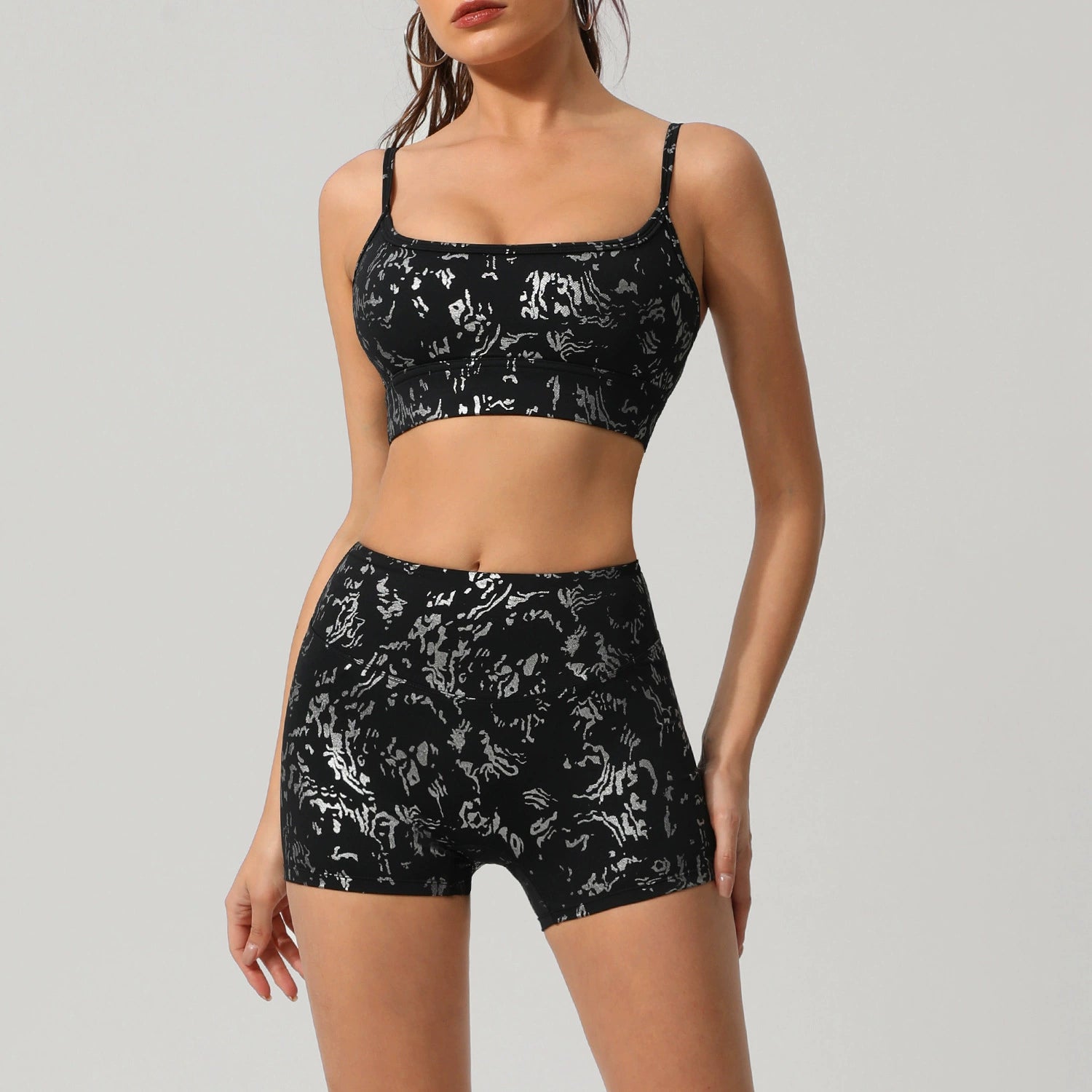 Women's Silver Printed Bra and Shorts Yoga Outfit