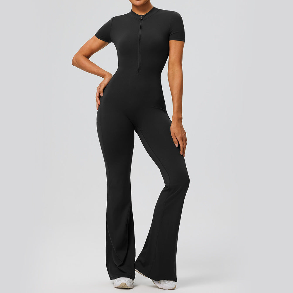 Short-Sleeve Butt-Lifting Athletic Jumpsuit with Pockets