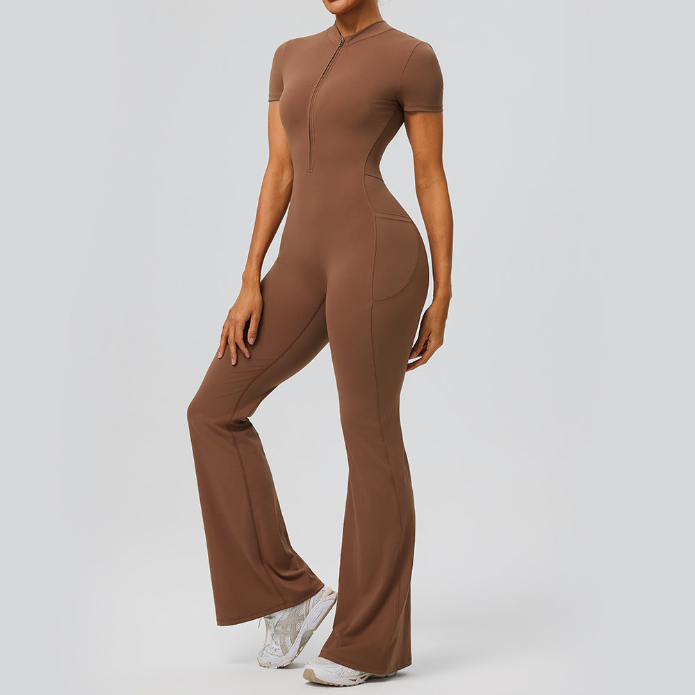 Short-Sleeve Butt-Lifting Athletic Jumpsuit with Pockets