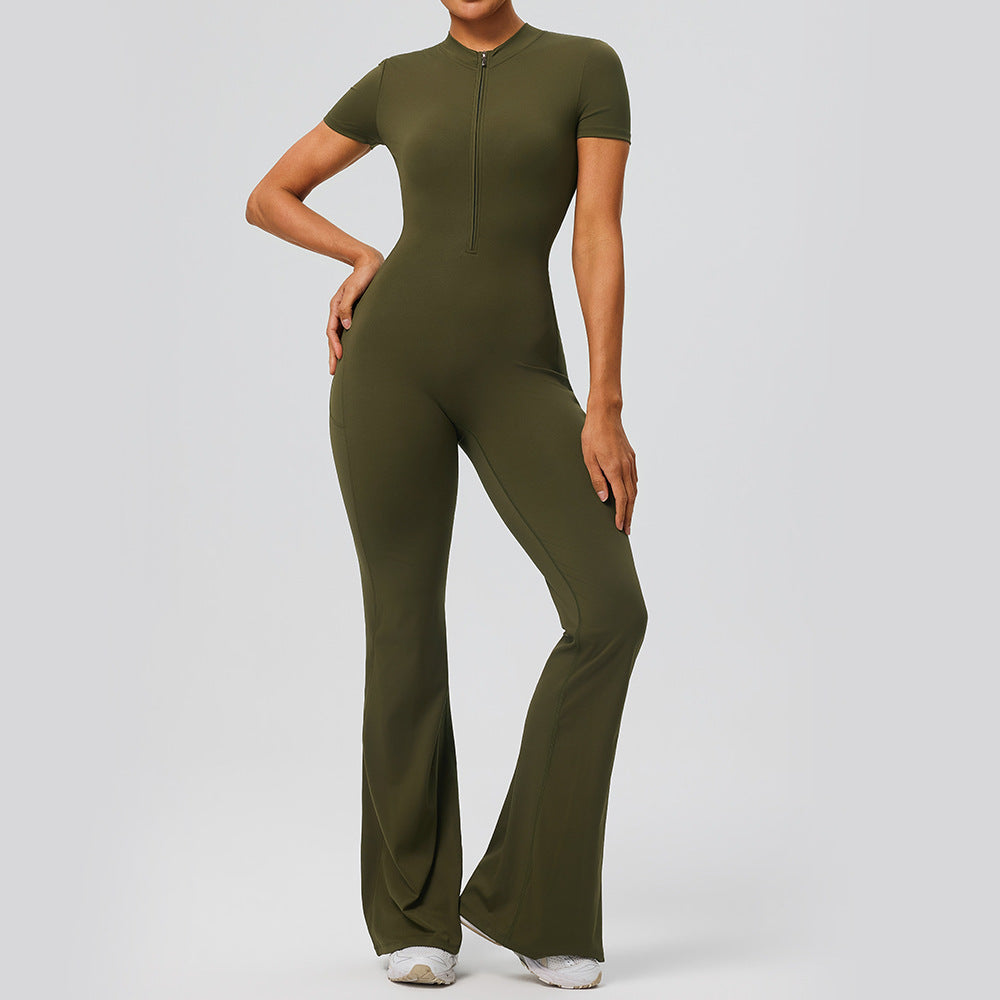 Short-Sleeve Butt-Lifting Athletic Jumpsuit with Pockets