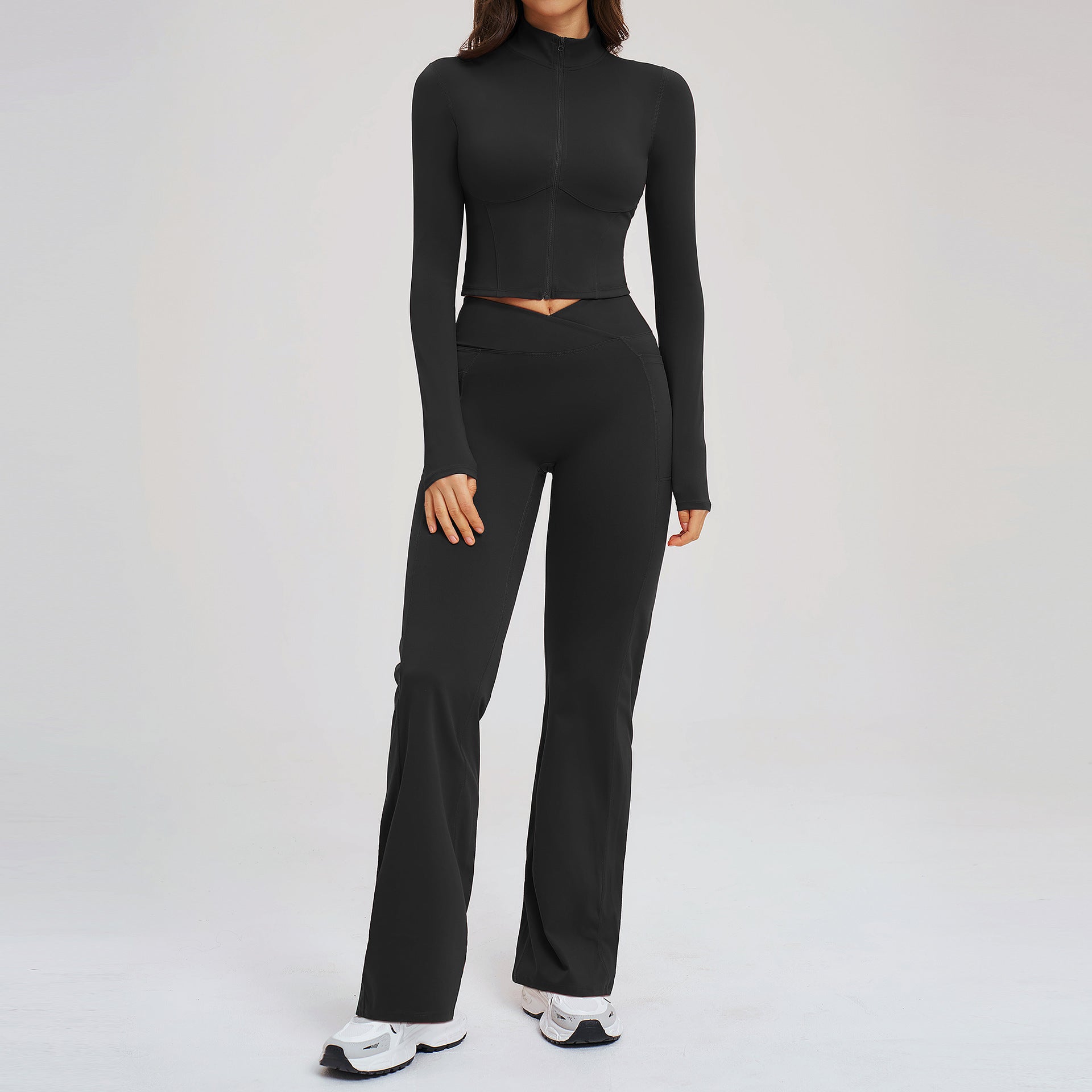 Naked-feel zipper fashion casual suit fitness running sports jackets with flare suit