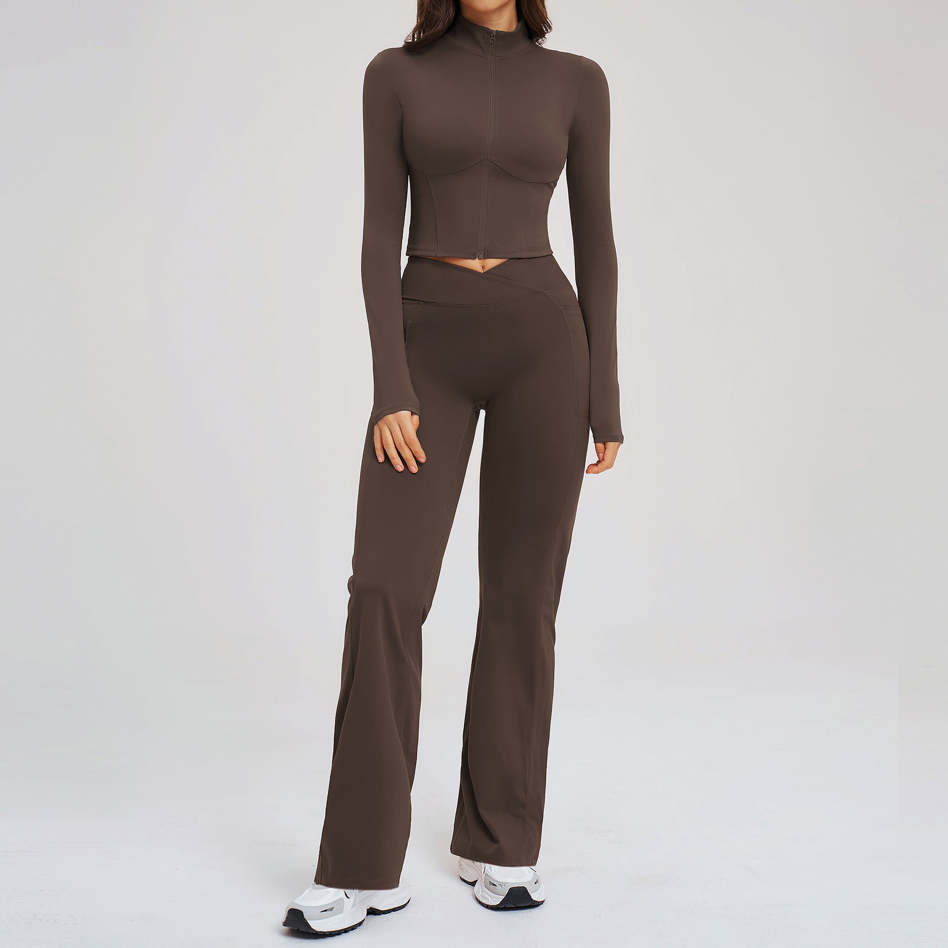 Naked-feel zipper fashion casual suit fitness running sports jackets with flare suit