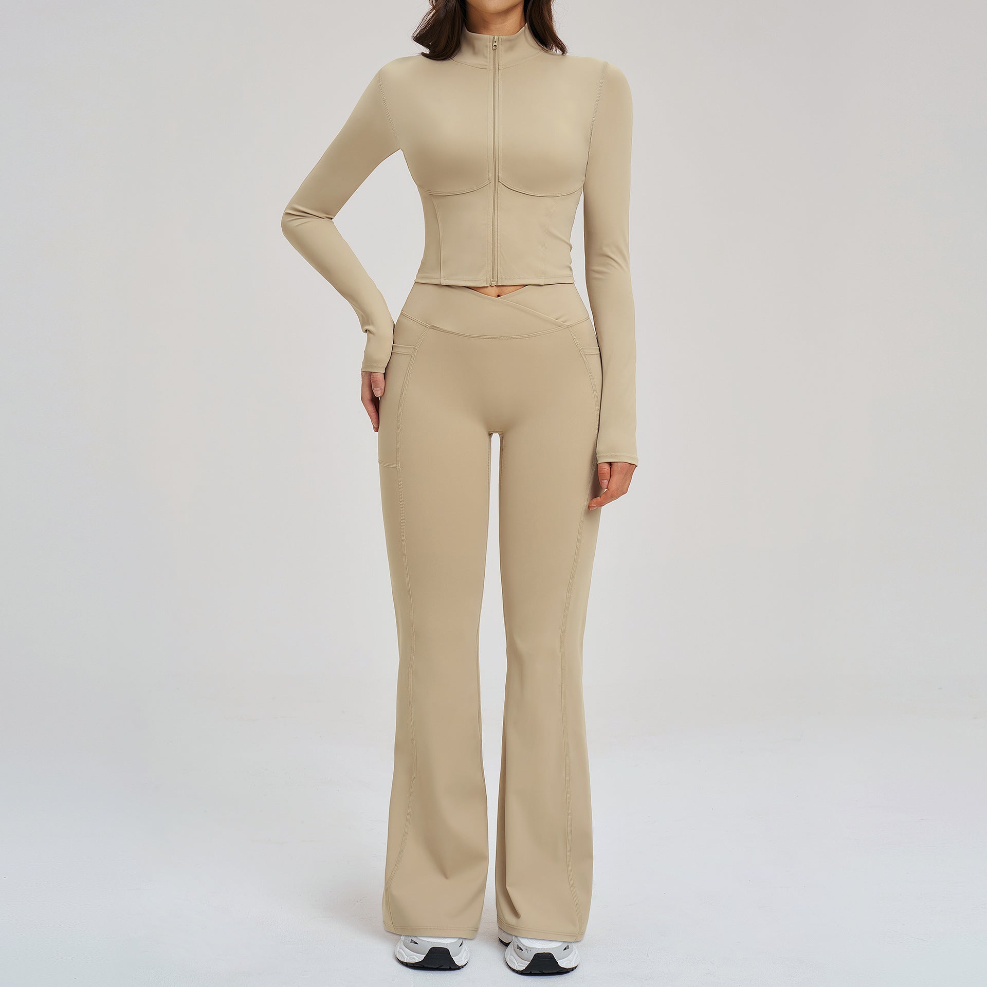 Naked-feel zipper fashion casual suit fitness running sports jackets with flare suit