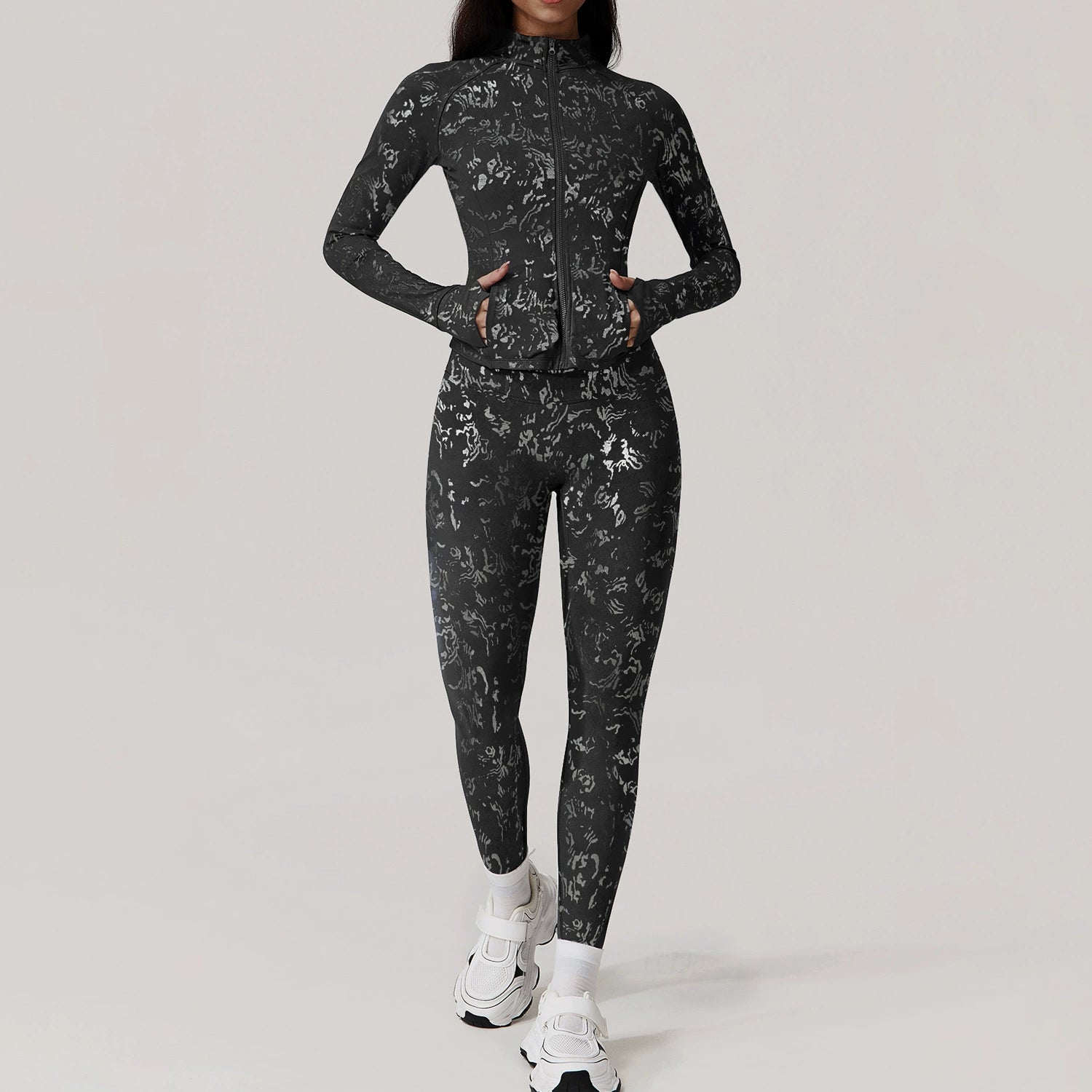 Women's Silver-stamped long jackets with leggings sportwear suit