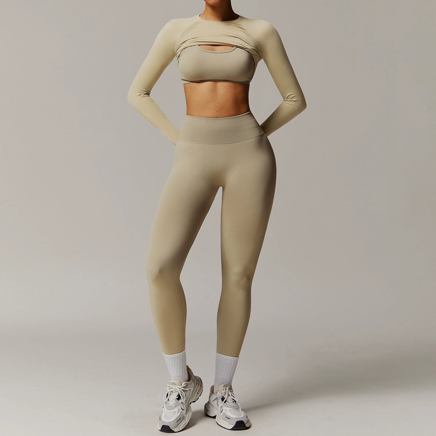 Women's seamless bra long sleeve long pants three-piece yoga suit