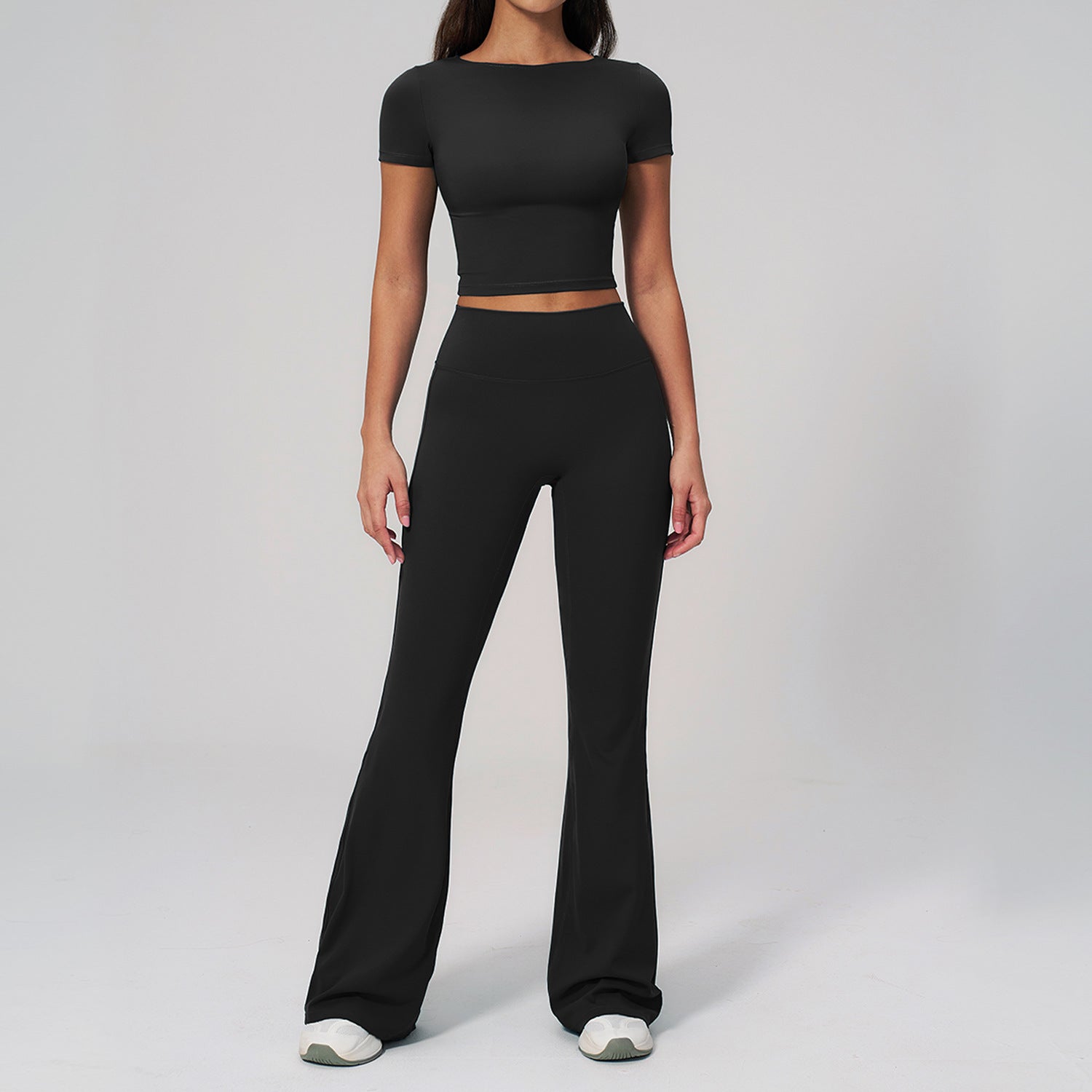 Quick-Drying Short-Sleeve Top with Butt-Lifting High-Waisted Wide-Leg Pants Fitness Set