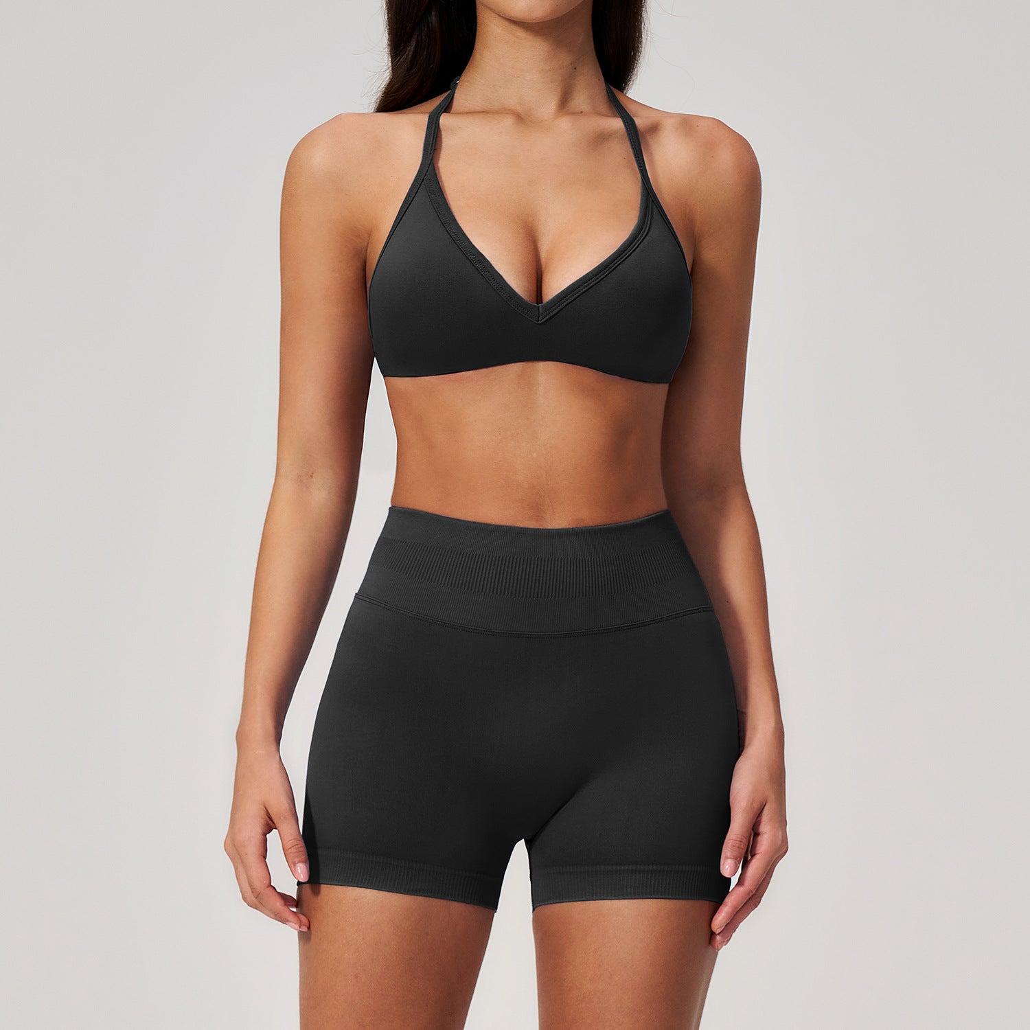 Women's Seamless Halter-Neck Open-Back Bra with Butt-Lifting Shorts Set