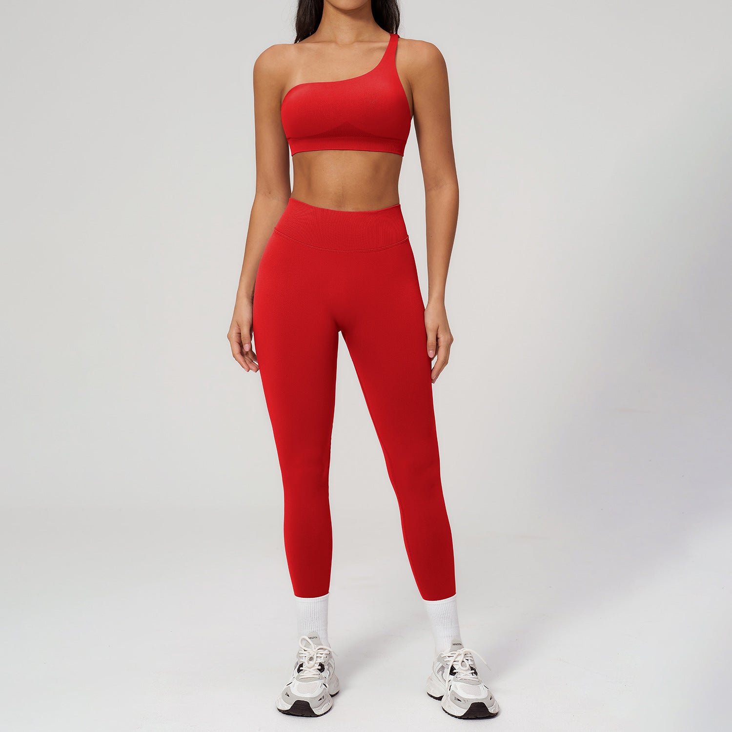 Seamless Asymmetrical-Shoulder Sports Bra Set Quick-Drying Running Yoga Outfit