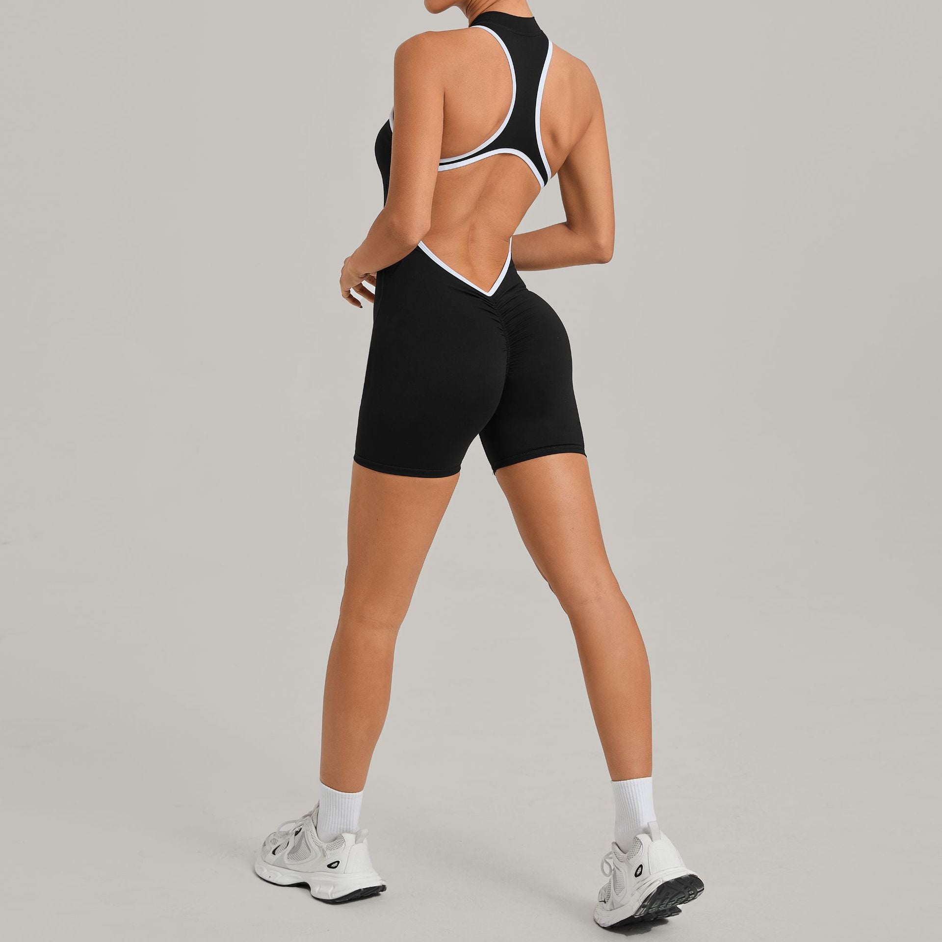 Cross-Back Yoga Jumpsuit with Ruched Butt-Lifting Design