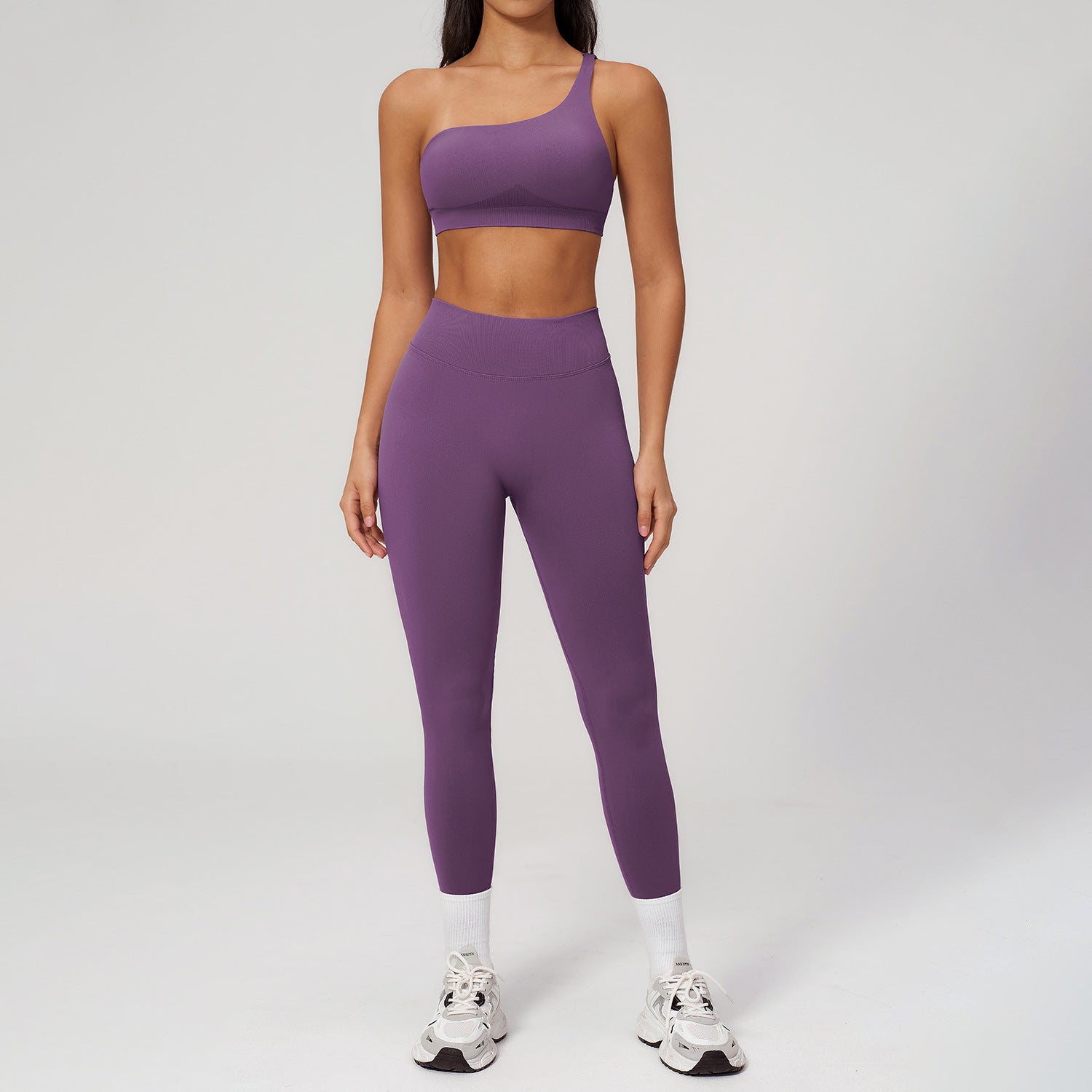 Seamless Asymmetrical-Shoulder Sports Bra Set Quick-Drying Running Yoga Outfit