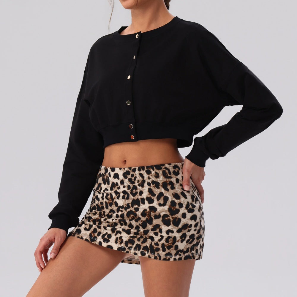Cropped Button-Front Sweatshirt — Casual Fitness Cardigan