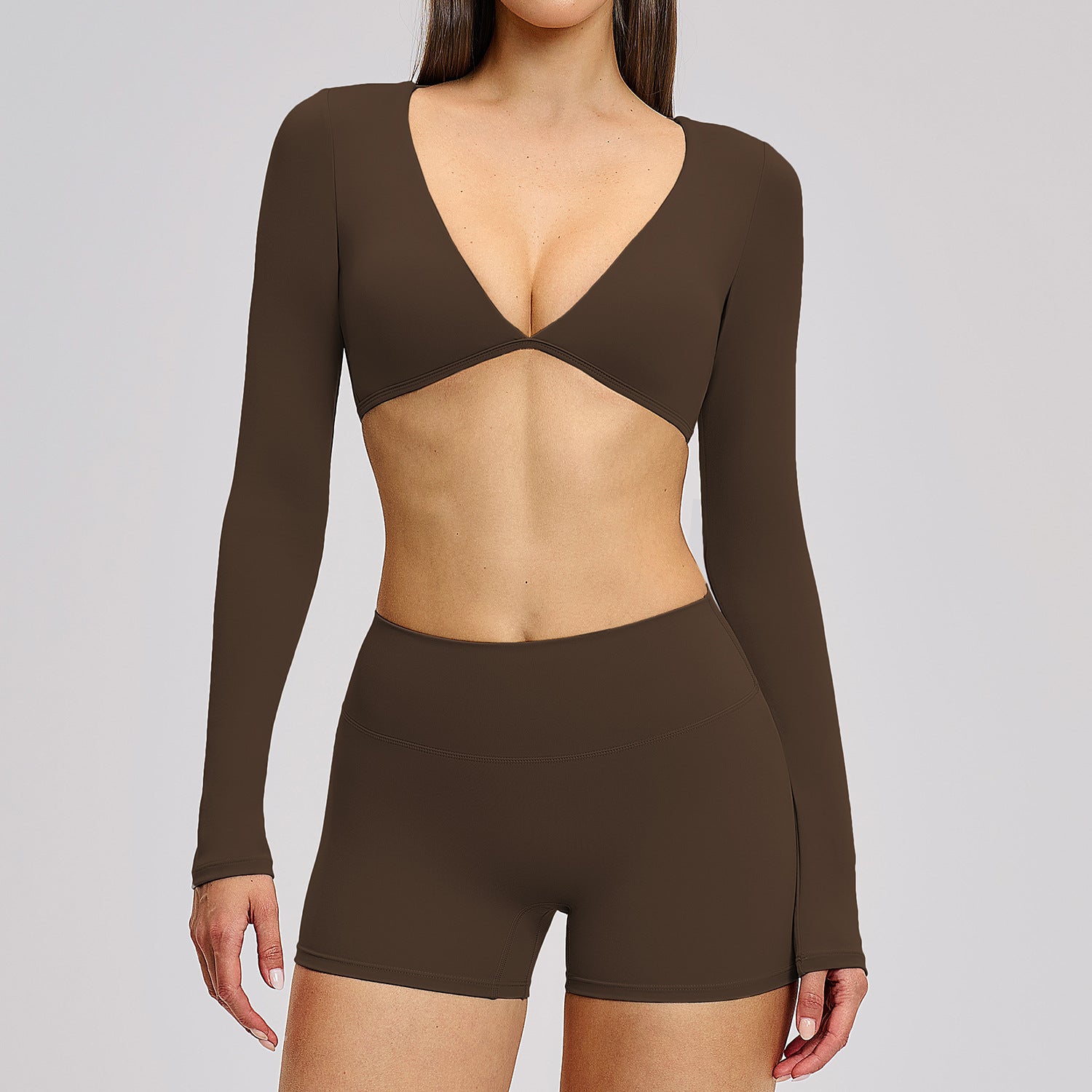 Beautiful sexy long sleeve tops with shorts 2 pieces yoga set