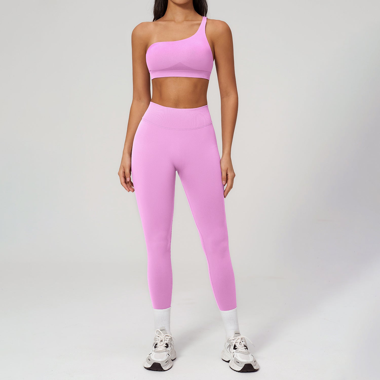 Seamless Asymmetrical-Shoulder Sports Bra Set Quick-Drying Running Yoga Outfit