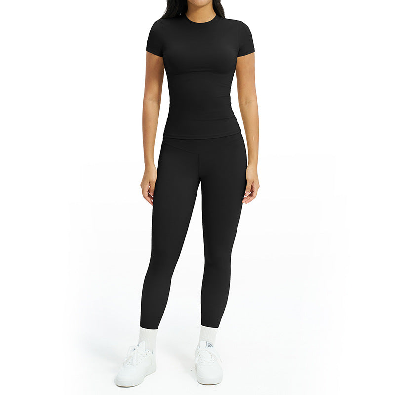 Women's Solid-Color Crew Neck Short Sleeve Top Two-Piece Set