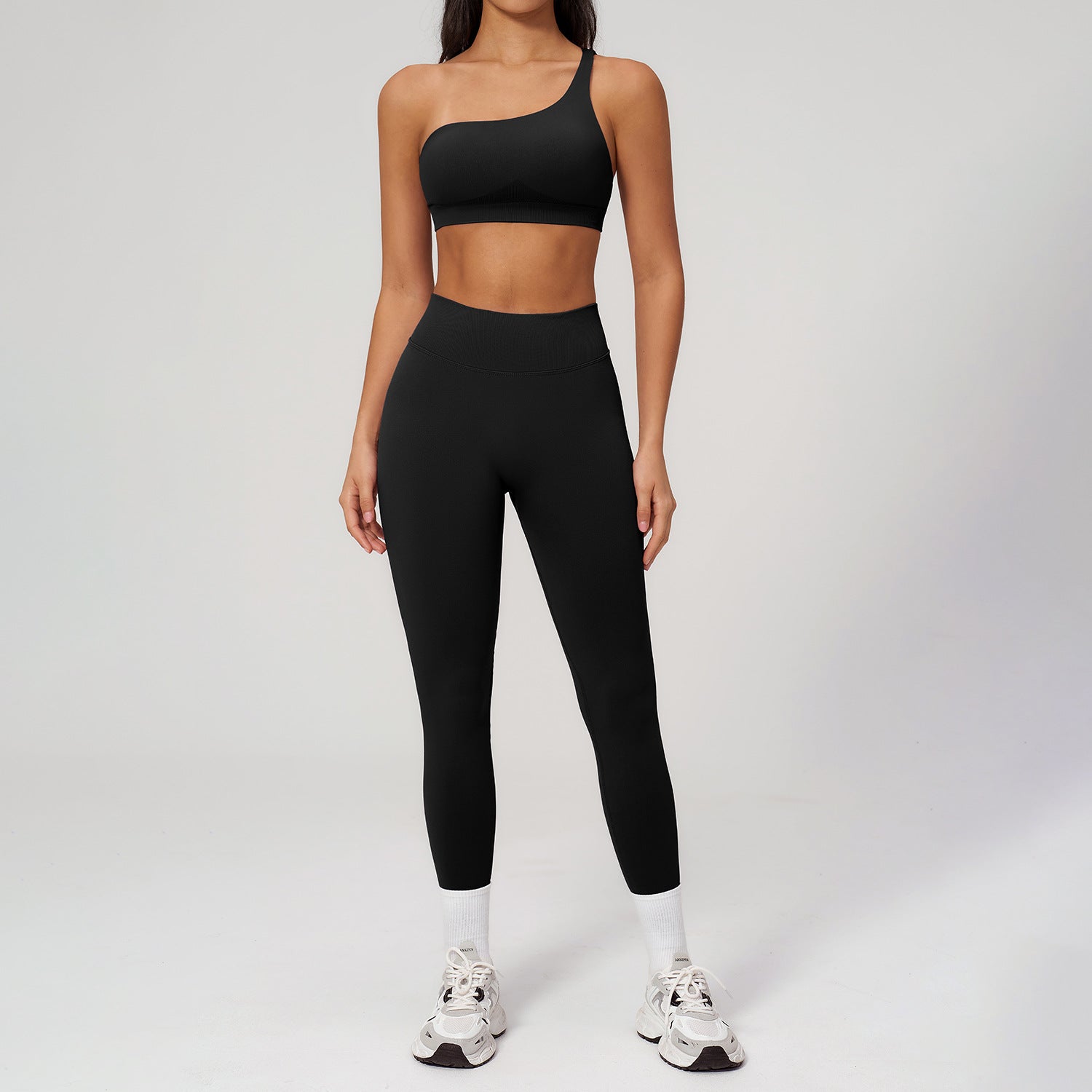 Seamless Asymmetrical-Shoulder Sports Bra Set Quick-Drying Running Yoga Outfit