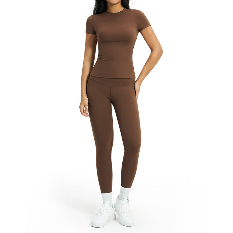 Women's Solid-Color Crew Neck Short Sleeve Top Two-Piece Set