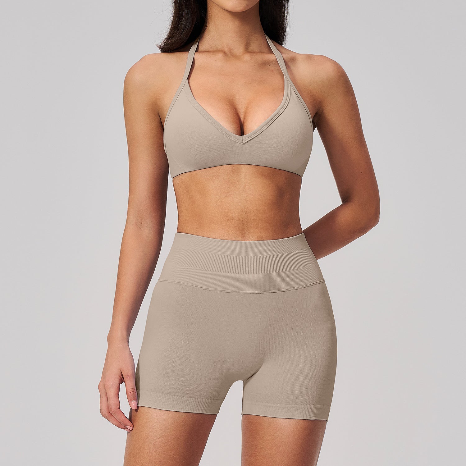 Women's Seamless Halter-Neck Open-Back Bra with Butt-Lifting Shorts Set