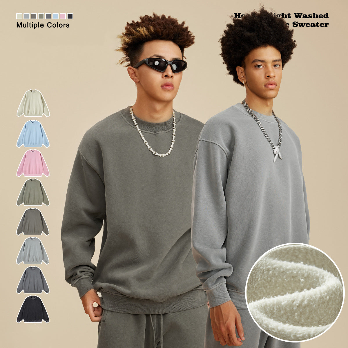 Men's Heavy Washed Velvet Round Neck Sweatshirt