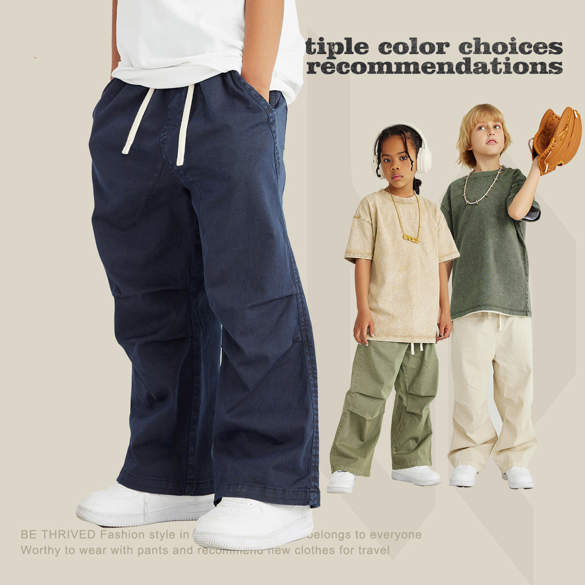 Children's Washed Blue Pattern Pleated Trousers Retro Loose