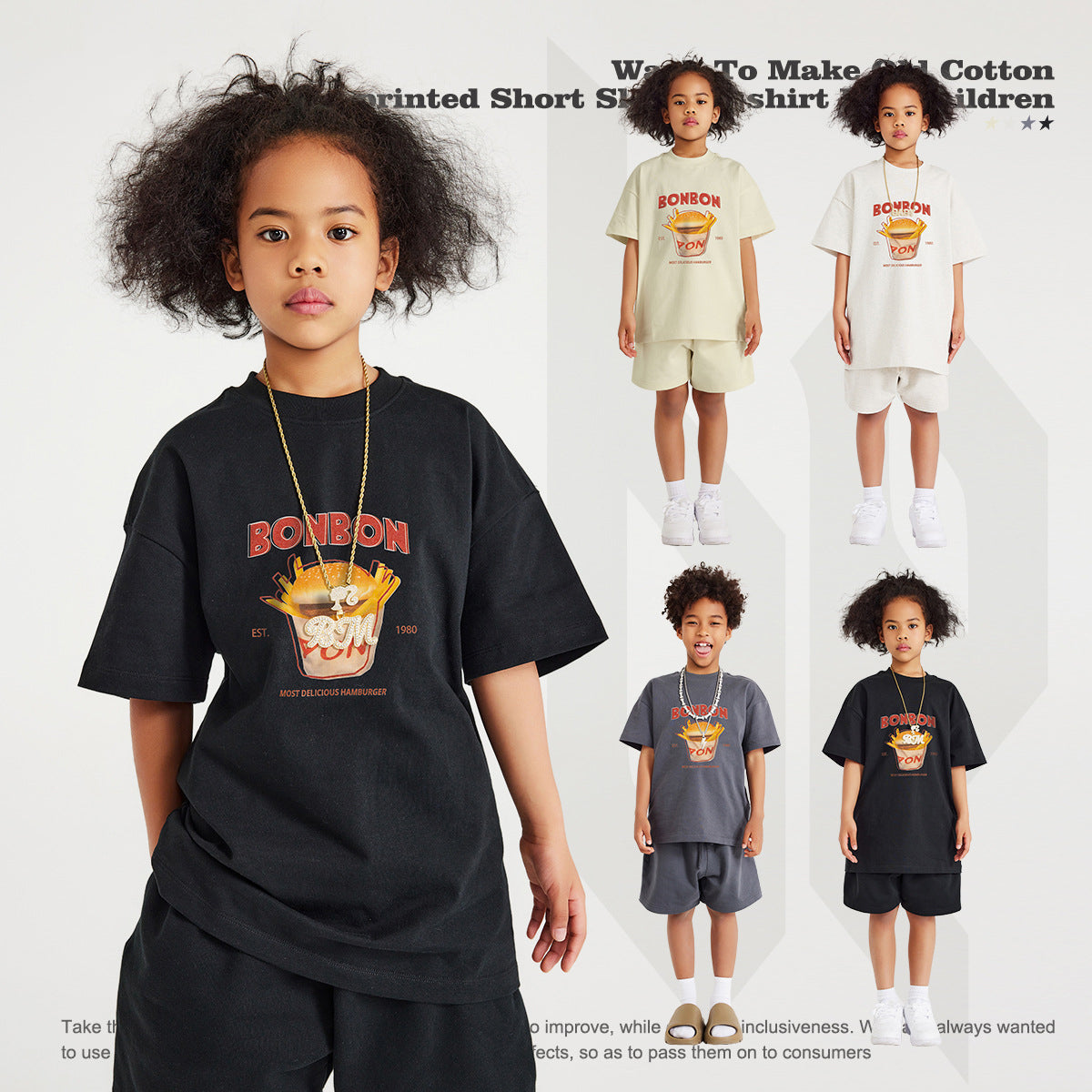 Children's T-Shirts Heavyweight Fun Potato Chips Printed Short-Sleeve Pure Cotton Tops